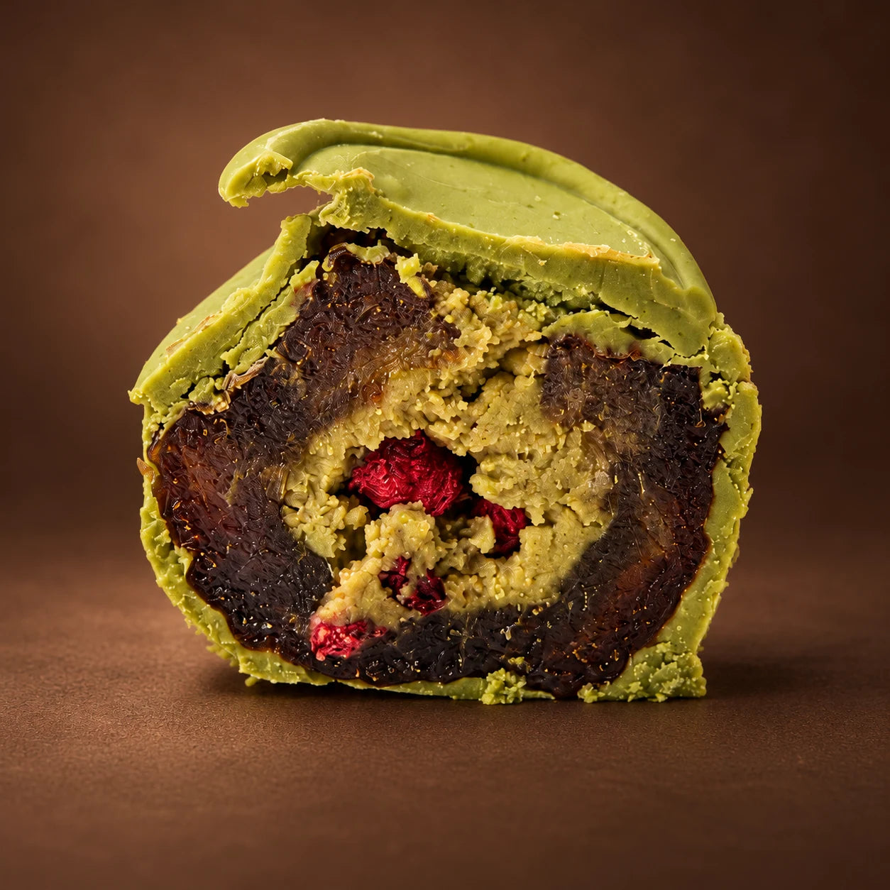 Love Match(a) date cross-section showing matcha chocolate, date flesh, pistachio and raspberry