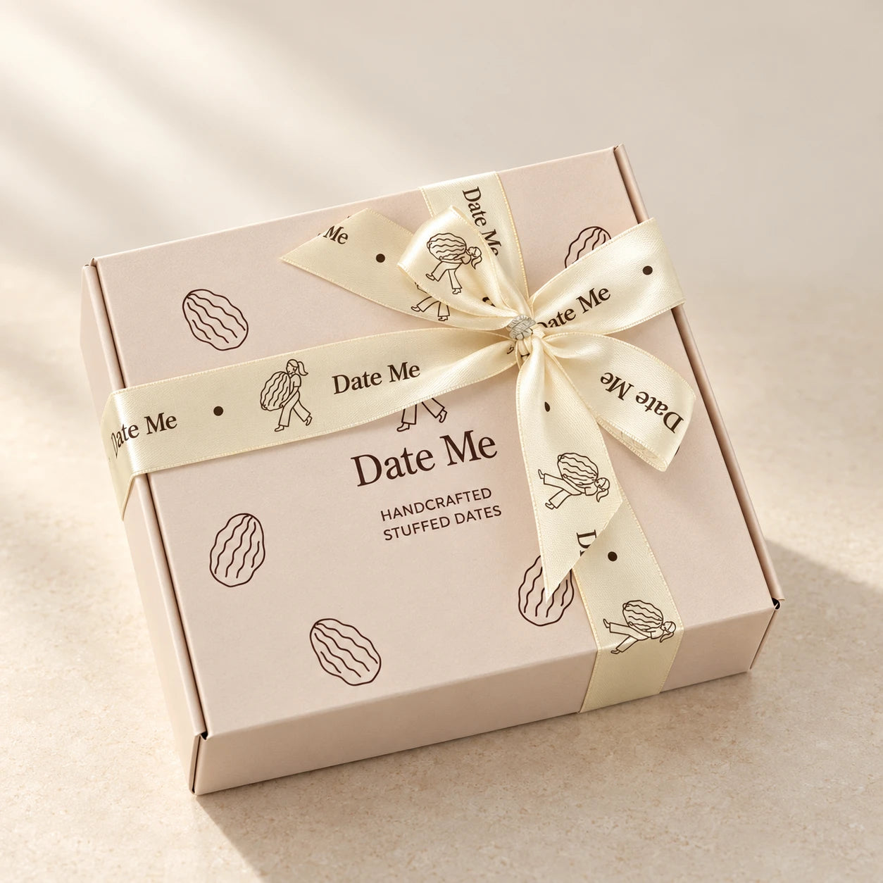 Date Me Signature Gift Box with an ivory printed ribbon and bow on a warm stone background